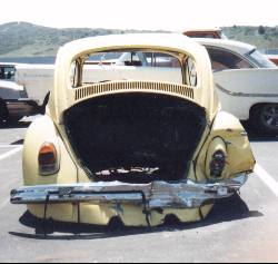 Stripped yellow Bug, rear view